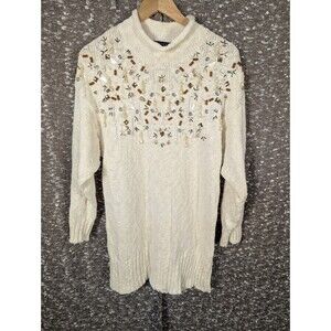 IB Diffusion Vintage Dressy Beaded Embellished White Knit‎ Tunic Sweater Size M